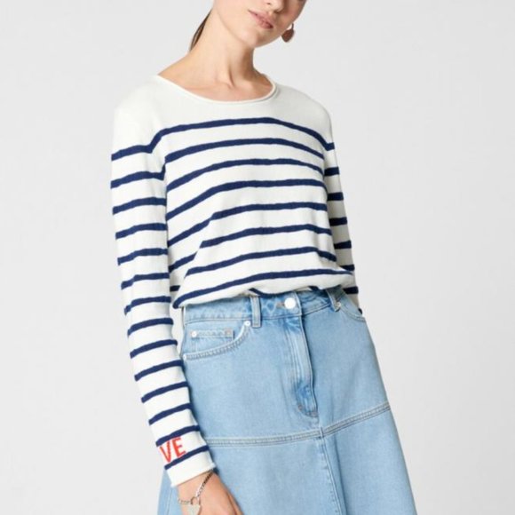 Escada Sweaters - Escada Womens Cotton Breton Stripe Sweater White Love Size Large